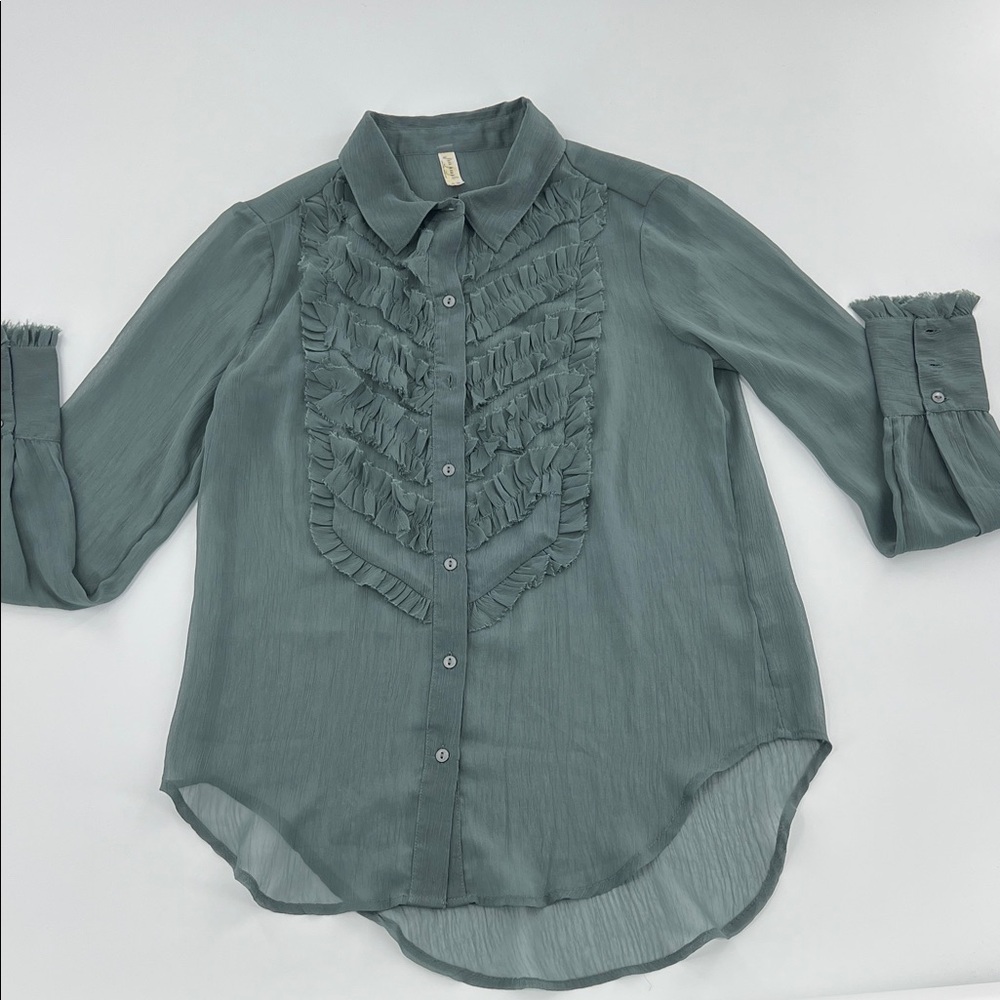 Free People Teal Blouse with Ruffle Detail